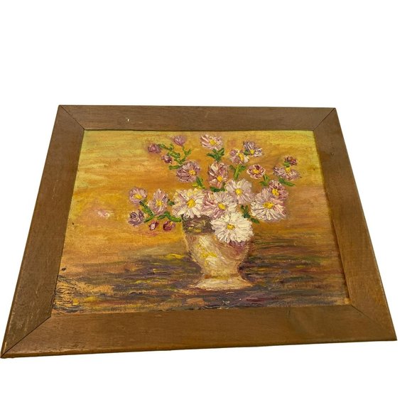 Vintage MCM daisies in vase Framed oil paintings Eula Cehan